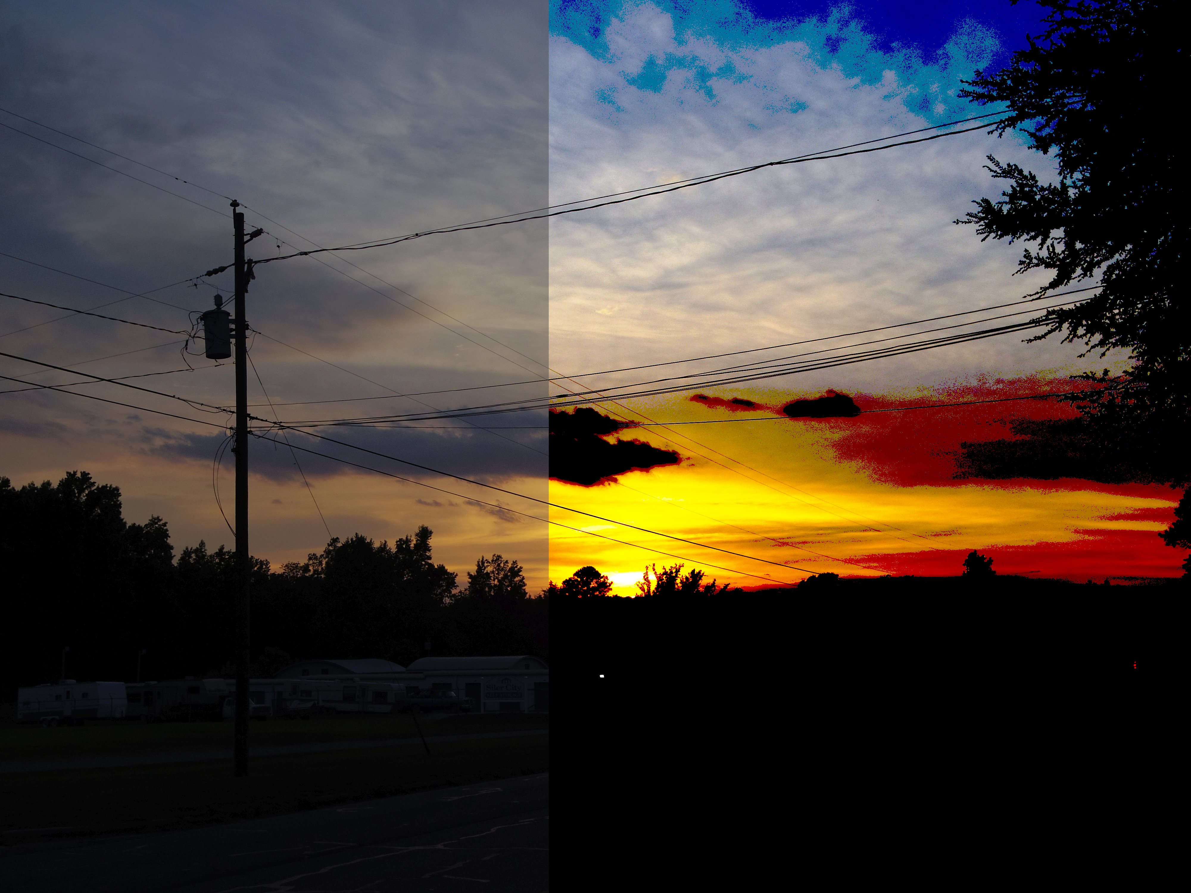 Split picture with normal sunset on the left and over-processed sunset on the right