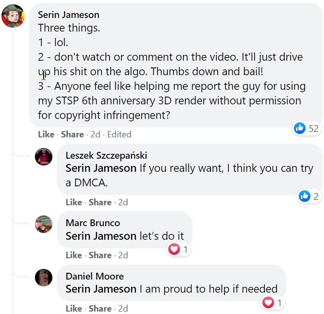Serin Jameson Facebook post 1 - planning a false DMCA takedown